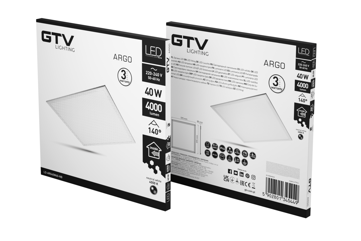 ARGO 40W Panel LED 60x60 4000lm 4000K šviestuvas IP44 IK08 140* garantija 3 metai - Image 2