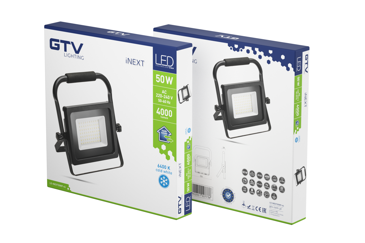 iNEXT Nešiojamas LED prožektorius 50W 4000lm IP65 120° 6400K juodas 3 metai garantija - Image 6