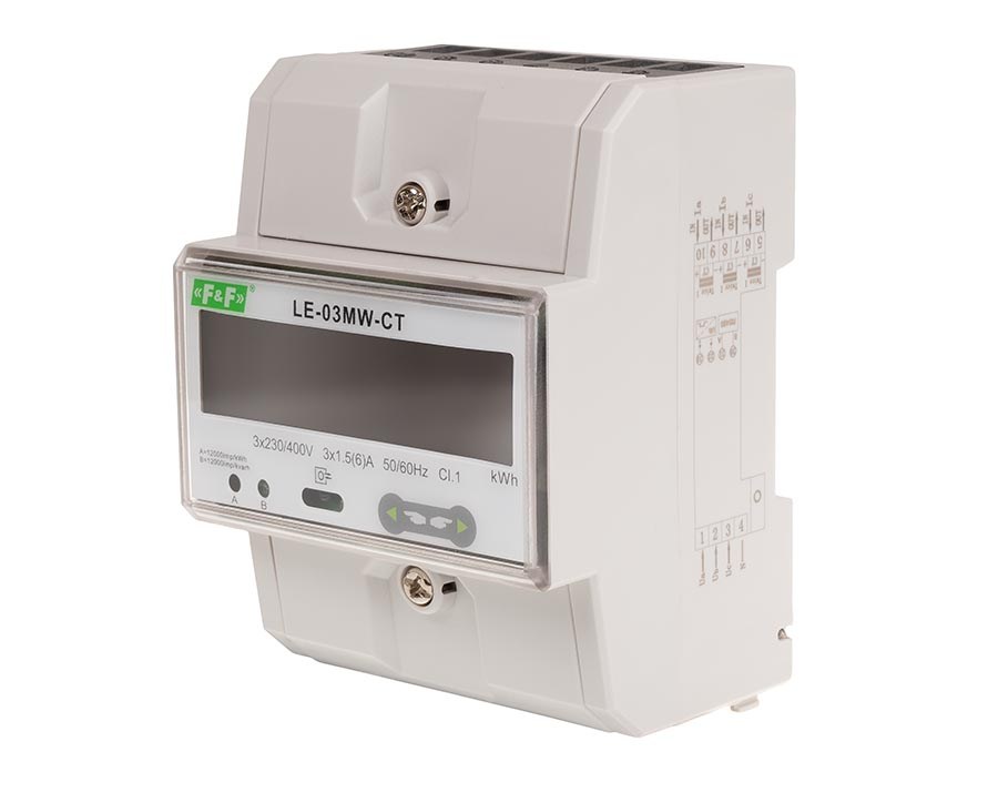 LE-03MW-CT Modbus Elektros energijos skaitiklis, dviejų krypčių 3F 6A 400Vac jungimas per transformatorių, 4 tarifų