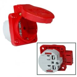 105-0r Įmontuojamas kištukinis lizdas schuko 16A 230V IP54, raudonas