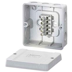 DE9345 hermetinė instaliacinė dėžutė 98x98x52mm IP55 su gnybtais, pilka