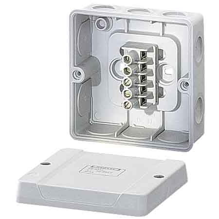 DE9345 hermetinė instaliacinė dėžutė 98x98x52mm IP55 su gnybtais, pilka