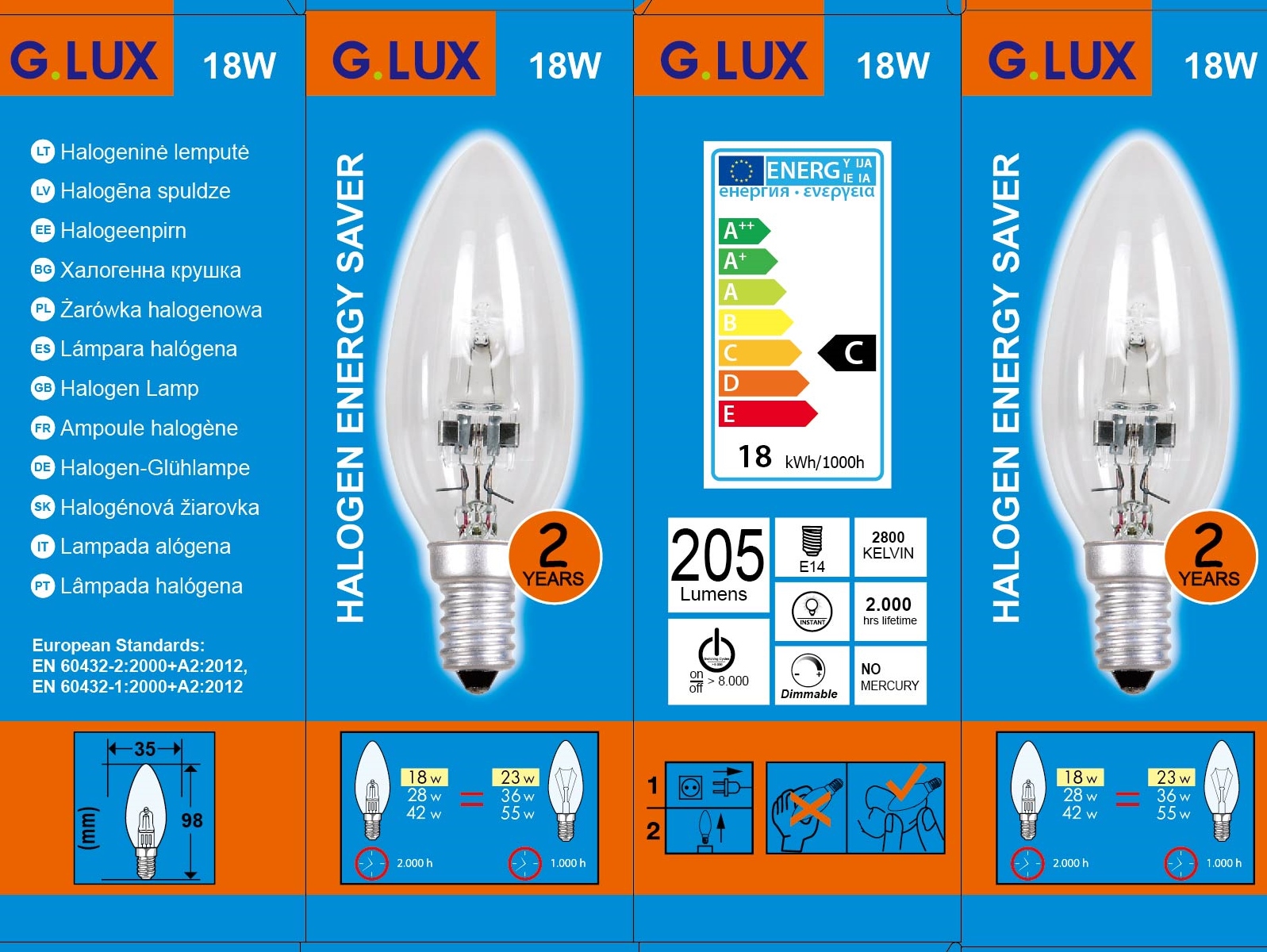 C35 E14 18W ECO halogeninė lemputė skaidri