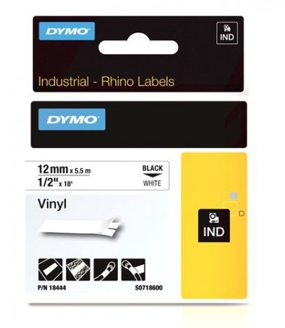 18444 Dymo Rhino juostelė 12mm/5,5m juoda ant baltos vinilinė