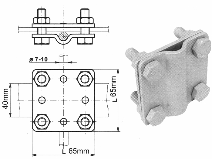 MJ119 Cinkuota (karštas) jungtis kryžminiam pajungimui, juostos iki 40mm ir Ø7-10mm vielos (dvi plokštelės). Pajungimui grunte St/Zn.