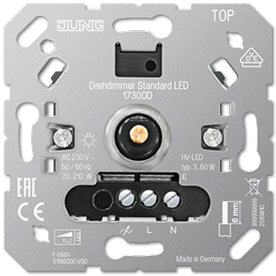 1730DD Standartinis pasukamas dimeris LED (šviesos reguliatorius (mechanizmas)) kaitr/hal/tor.tr lempoms 20..210W, HV LED 3..60W