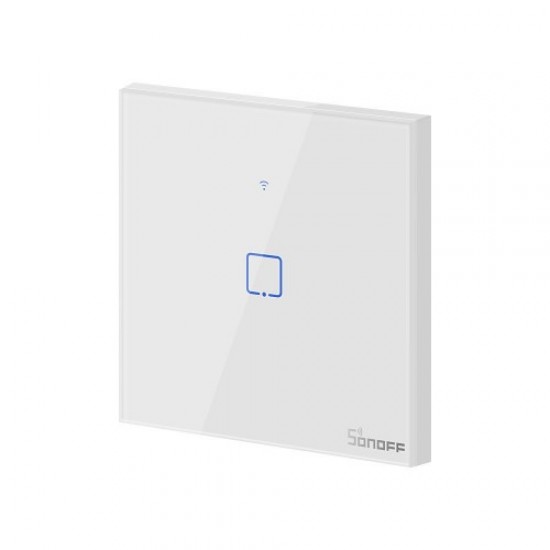 Išmanusis liečiamas sieninis jungiklis SONOFF T0EU1C-TX, 1 kanalo, 480W, 230VAC, valdomas liečiamu mygtuku, programėle, Wi-Fi, galimybė valdyti balsu