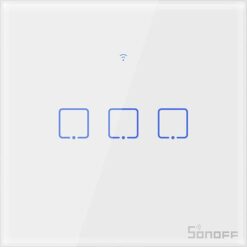 Išmanusis liečiamas sieninis jungiklis SONOFF T0EU3C-TX, 3 kanalų, 240W/kanalui, 720W/viso, 230VAC, valdomas liečiamu mygtuku, programėle, Wi-Fi, galimybė valdyti balsu