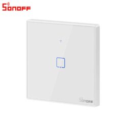 Išmanusis liečiamas sieninis jungiklis SONOFF T2EU1C-TX, 1 kanalo, 480W, 230VAC, valdomas liečiamu mygtuku, programėle, Wi-Fi, galimybė valdyti balsu ir SONOFF pulteliu (SONOFF pultelis į komplektaciją neįeina)