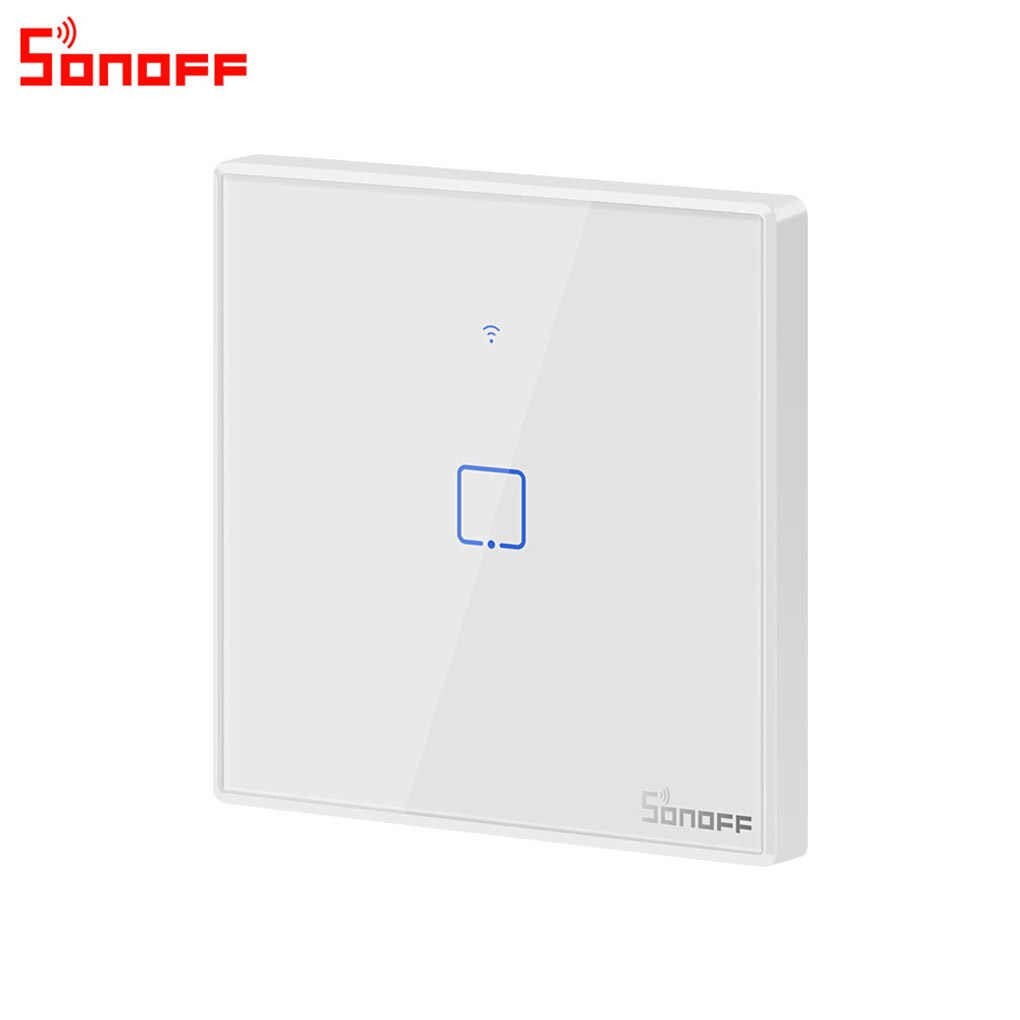 Išmanusis liečiamas sieninis jungiklis SONOFF T2EU1C-TX, 1 kanalo, 480W, 230VAC, valdomas liečiamu mygtuku, programėle, Wi-Fi, galimybė valdyti balsu ir SONOFF pulteliu (SONOFF pultelis į komplektaciją neįeina)