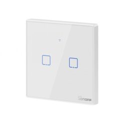 Išmanusis liečiamas sieninis jungiklis SONOFF T2EU2C-TX, 2 kanalų, 480W/kanalui, 960W/viso, 230VAC, valdomas liečiamu mygtuku, programėle, Wi-Fi, galimybė valdyti balsu ir SONOFF pulteliu (SONOFF pultelis į komplektaciją neįeina)