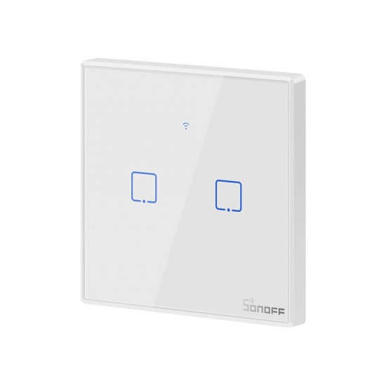 Išmanusis liečiamas sieninis jungiklis SONOFF T2EU2C-TX, 2 kanalų, 480W/kanalui, 960W/viso, 230VAC, valdomas liečiamu mygtuku, programėle, Wi-Fi, galimybė valdyti balsu ir SONOFF pulteliu (SONOFF pultelis į komplektaciją neįeina)