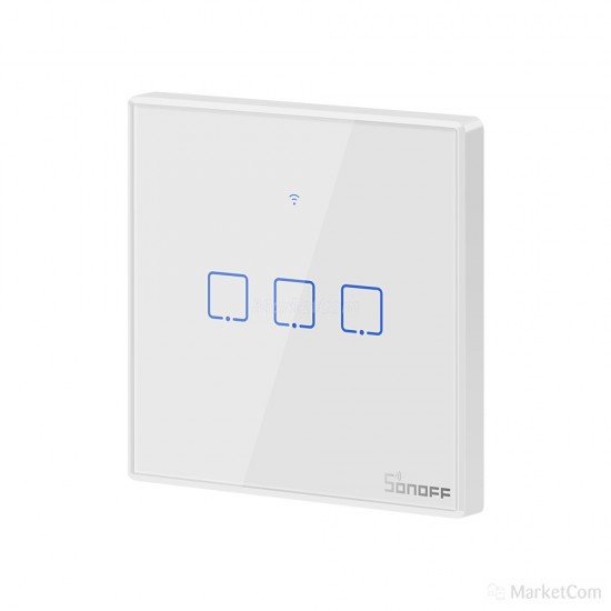 Išmanusis liečiamas sieninis jungiklis SONOFF T2EU3C-TX, 3 kanalų, 240W/kanalui, 720W/viso, 230VAC, valdomas liečiamu mygtuku, programėle, Wi-Fi, galimybė valdyti balsu ir SONOFF pulteliu (SONOFF pultelis į komplektaciją neįeina)