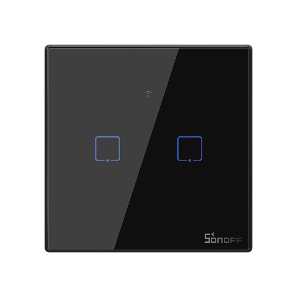 Išmanusis liečiamas sieninis jungiklis SONOFF T3EU2C-TX, 2 kanalų, 480W/kanalui, 960W/viso, 230VAC, valdomas liečiamu mygtuku, programėle, Wi-Fi, galimybė valdyti balsu ir SONOFF pulteliu (SONOFF pultelis į komplektaciją neįeina)