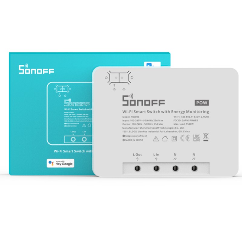 Išmanusis elektros energijos apskaitos jungiklis su ribojimo galimybe SONOFF POWR3,25A,5,5kW 230VAC, valdomas programėle, Wi-Fi, galimybė valdyti balsu