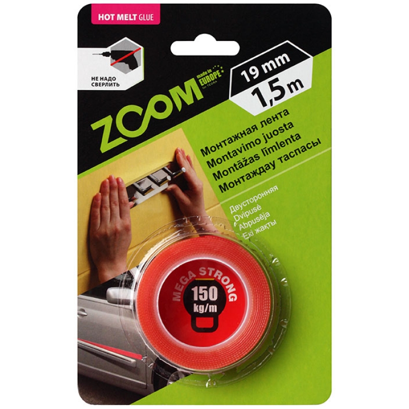 02-5-3-203 ZOOM Mega Strong 19/1.5 Dvipusė lipni juosta lauko darbams 19mm pločio, 1.5m ilgio