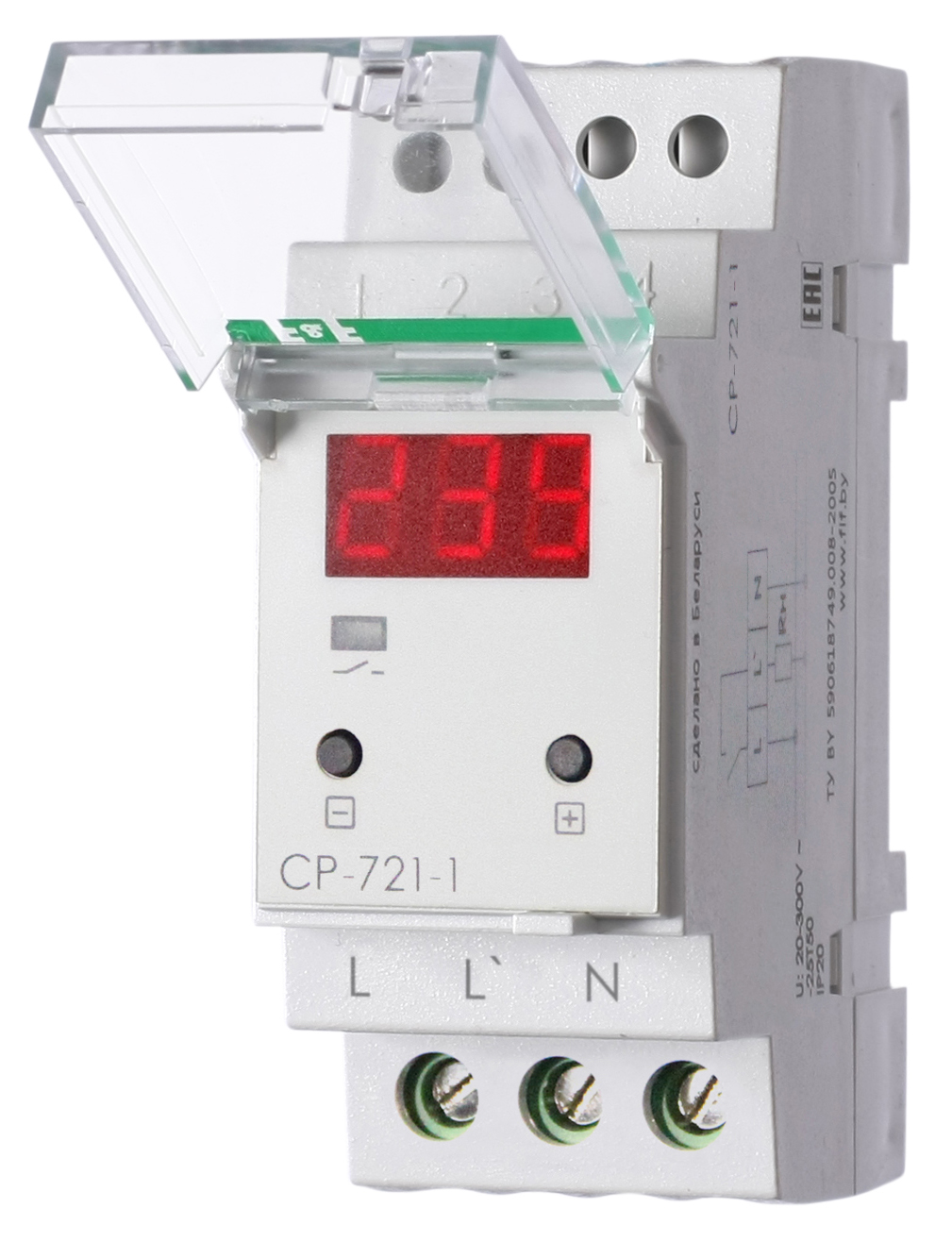 CP-721-1 Įtampos kontrolės relė 1F 1NO 63A apatinė 140-210V, viršutinė 240-300V