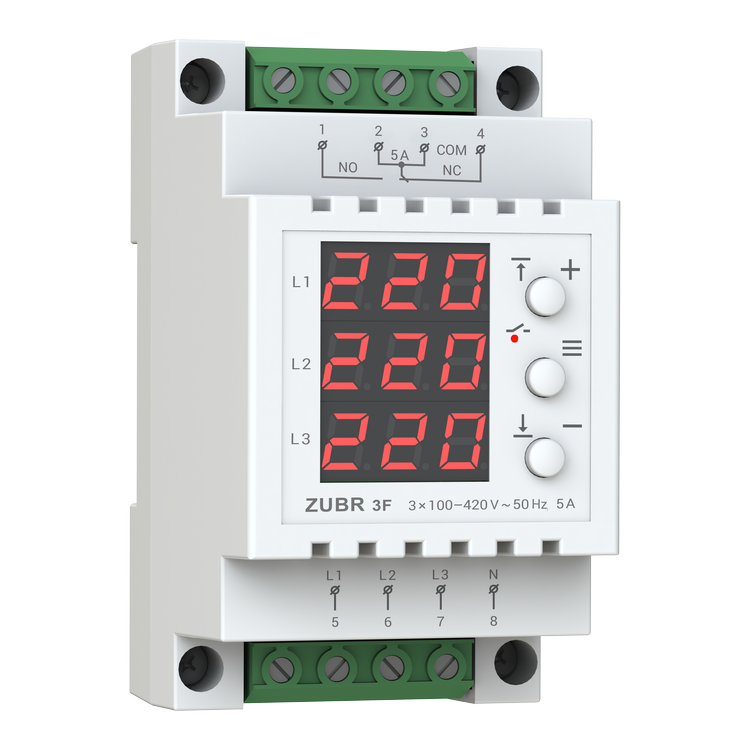3F Įtampos kontrolės relė 3F 3NO 5A jungiama per kontaktorių, apatinė 120-210V, viršutinė 220-280V