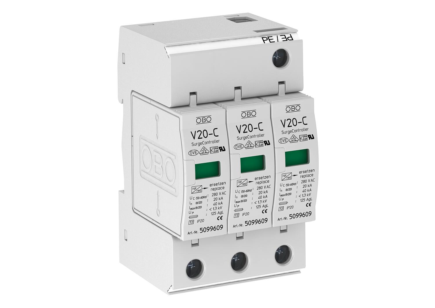 5094624 V20-C/3 apsauga nuo viršįtampio 3polis II (C) klasė 20kA 1,3kV