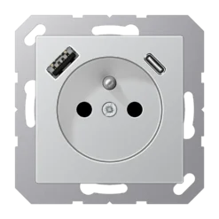 Lizdas, prancūziškos/belgiškos sistemos 16 A 250 V ~, su USB įkrovikliu 1 x A tipo + 1 x C tipo, SAFETY+, A serijos, aliuminis