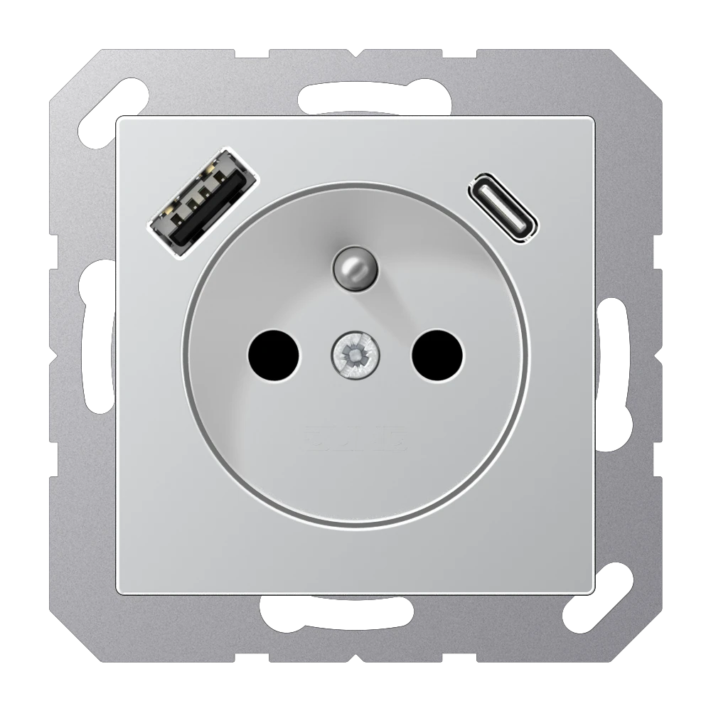 Lizdas, prancūziškos/belgiškos sistemos 16 A 250 V ~, su USB įkrovikliu 1 x A tipo + 1 x C tipo, SAFETY+, A serijos, aliuminis