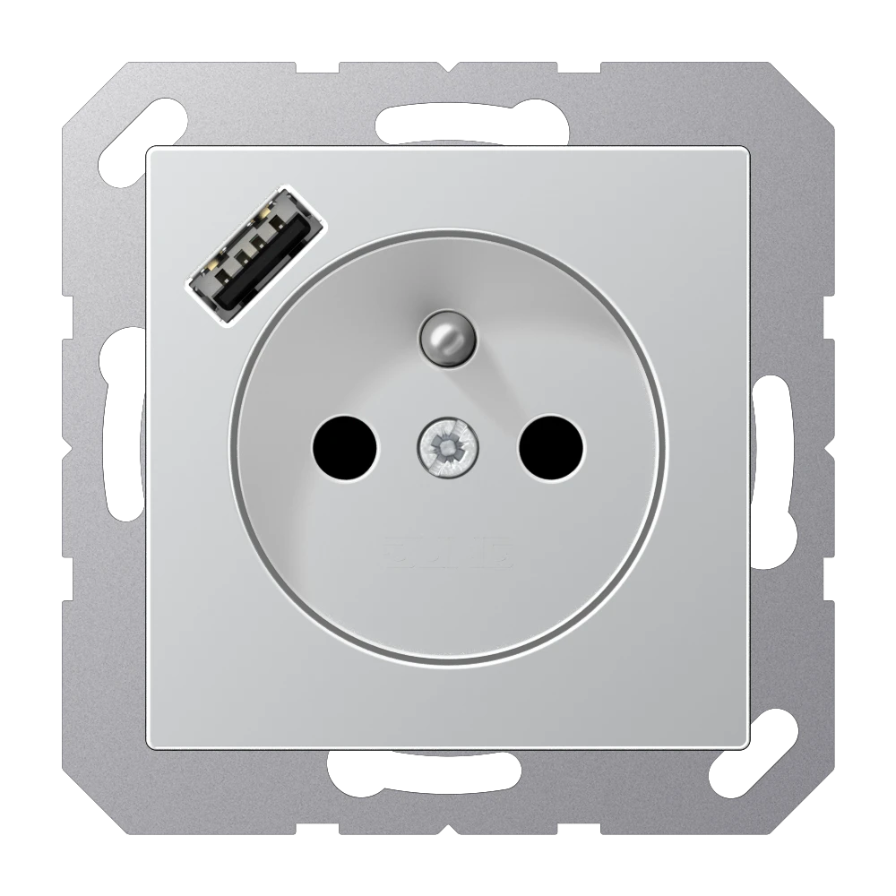 Lizdas, prancūziškos/belgiškos sistemos 16 A 250 V ~, su USB įkrovikliu 1 x A tipo, SAFETY+, A serijos, aliuminis