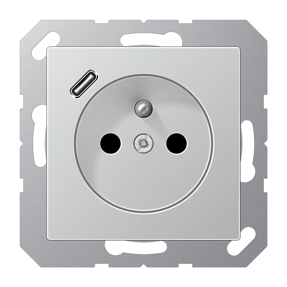 Lizdas, prancūziškos/belgiškos sistemos 16 A 250 V ~, su USB įkrovikliu 1 x C tipo, SAFETY+, A serijos, aliuminis