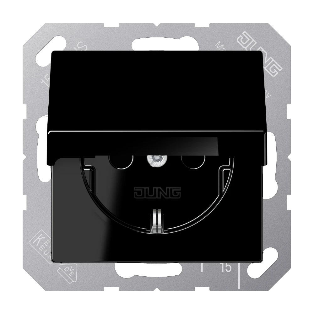 SCHUKO® lizdas, 16 A 250 V ~, su atlenkiamu dangteliu, kieto plastiko, A serijos, juodas