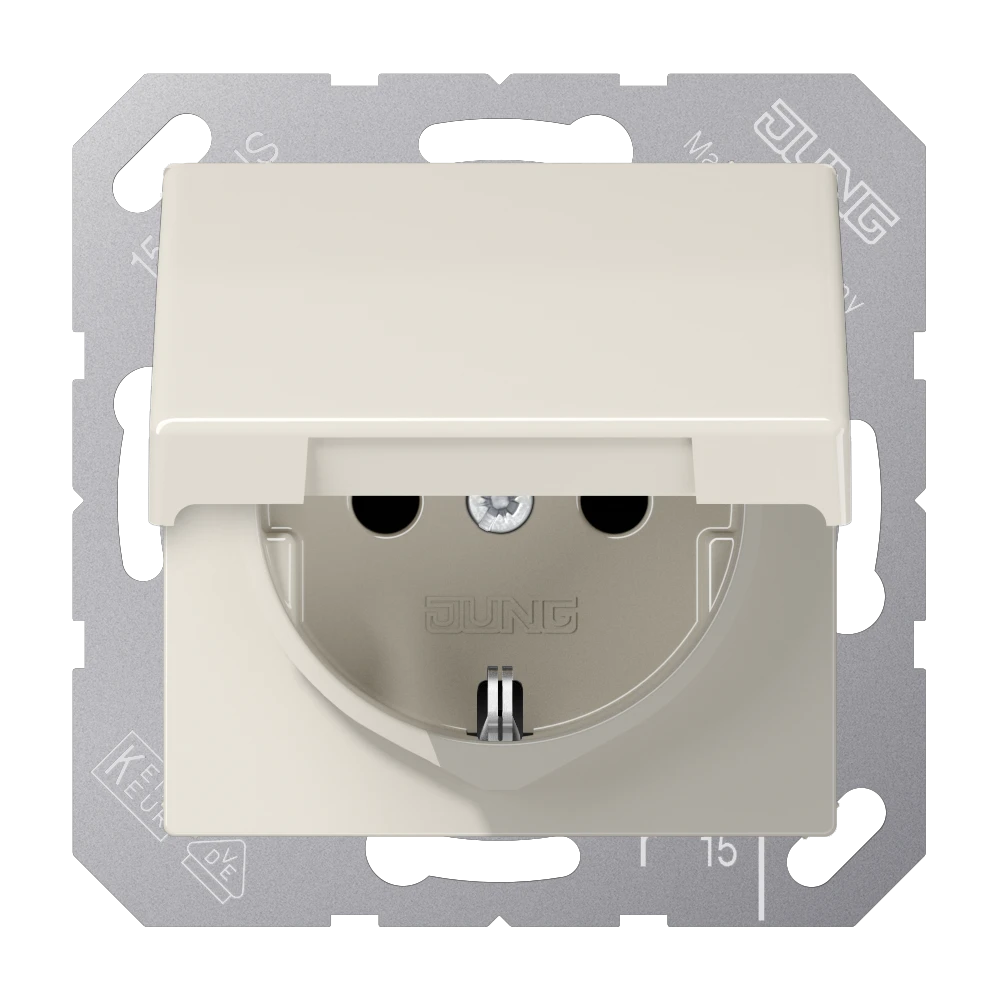SCHUKO® lizdas, 16 A 250 V ~, su atlenkiamu dangteliu, kieto plastiko, AS serijos, dramblio kaulo spalvos