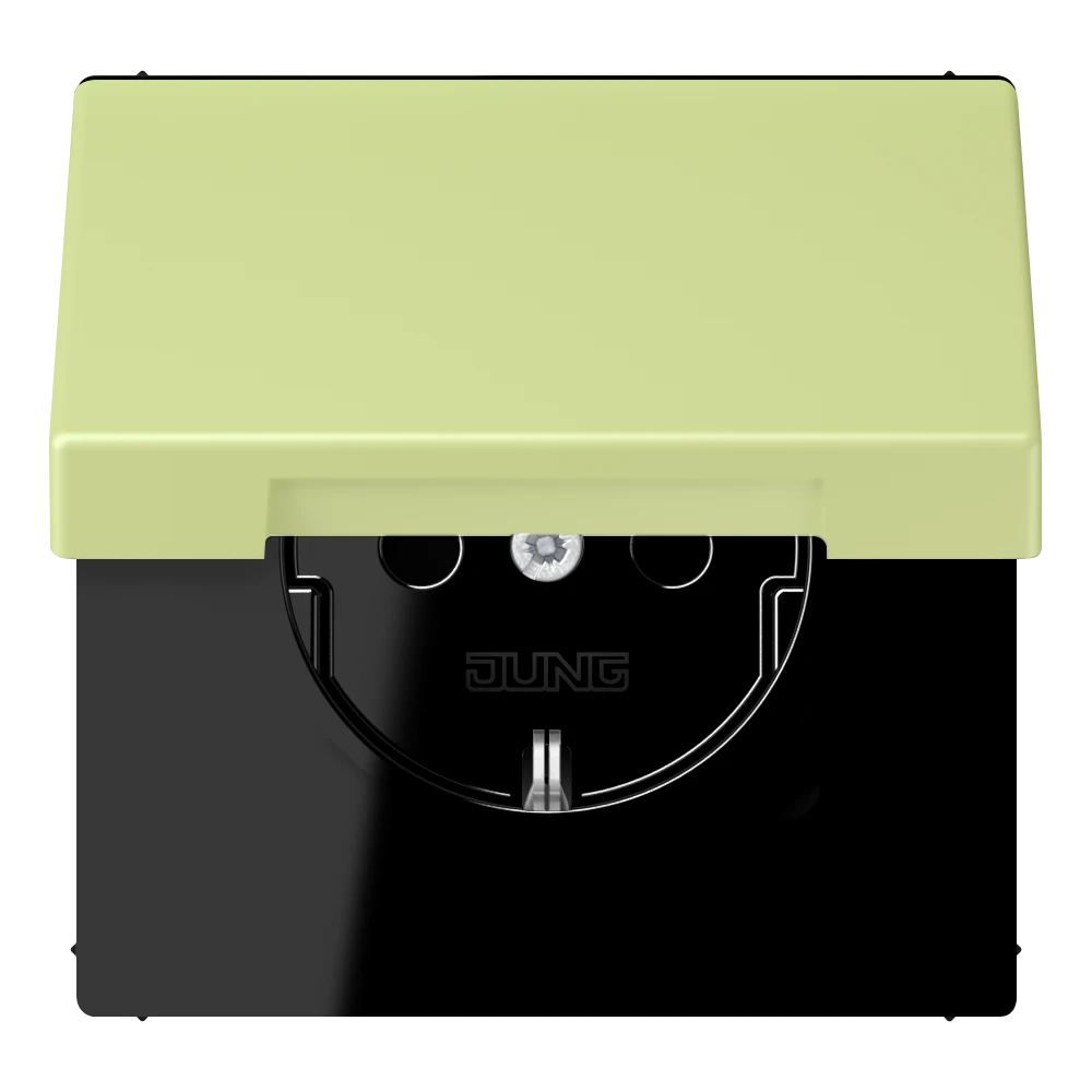 SCHUKO® lizdas, 16 A 250 V ~, su atlenkiamu dangteliu, termoplastiniu laku, LS serijos, geltonai žalias (32053)