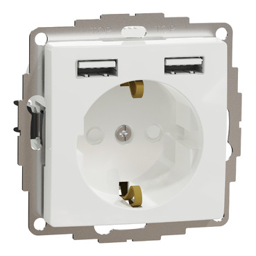 SDD111052 kištukinis lizdas su įžeminimu be rėmelio, su užsklandom, su USB krovikliu, 2 jungtys A tipo, 2,4A, baltos spalvos, Sedna Design