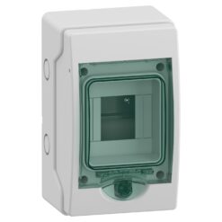Hermetinis modulinis paskirstymo skydelis Schneider Electric Mureva Enclosure 10312 1 eilė 4 moduliai virštinkinis montavimas skaidrios durelės su užraktu IP65, pilkas