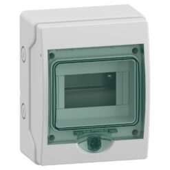 Hermetinis modulinis paskirstymo skydelis Schneider Electric Mureva Enclosure 10313 1 eilė 6 moduliai IP65 virštinkinis montavimas skaidrios durelės su užraktu, pilkas