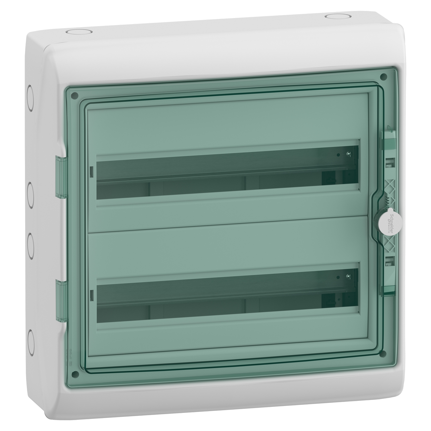 Hermetinis modulinis paskirstymo skydelis Schneider Electric Mureva 10343 2x18 modulių IP65 virštinkinis montavimas skaidrios durelės be gnybtų bloko, pilkas