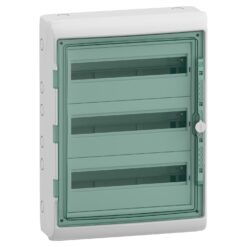 Hermetinis modulinis paskirstymo skydelis Schneider Electric Mureva 10345 3x18 modulių 3 eilės IP65 virštinkinis montavimas skaidrios durelės be gnybtų bloko, pilkas