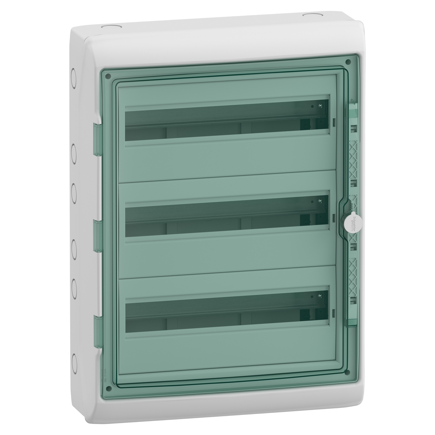 Hermetinis modulinis paskirstymo skydelis Schneider Electric Mureva 10345 3x18 modulių 3 eilės IP65 virštinkinis montavimas skaidrios durelės be gnybtų bloko, pilkas