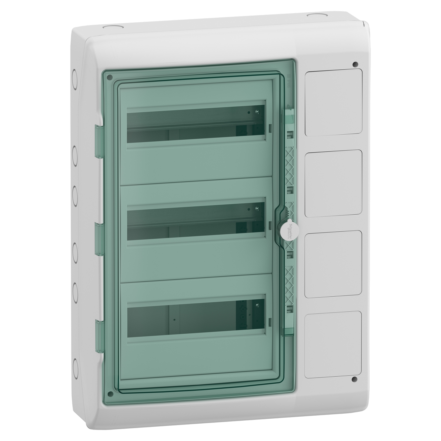 Hermetinis modulinis paskirstymo skydelis Schneider Electric Mureva 10352 virštinkinis montavimas 3 eilės 18 modulių IP65 skaidrios durelės, pilkas
