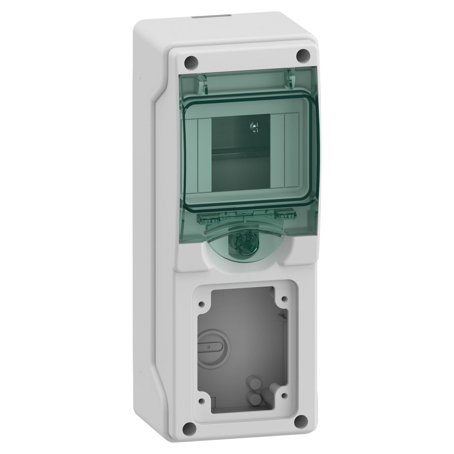 Hermetinis modulinis paskirstymo skydelis Schneider Electric Mureva Enclosures 10360 4 moduliai 1 eilė IP65 virštinkinis montavimas skaidrios durelės, pilkas