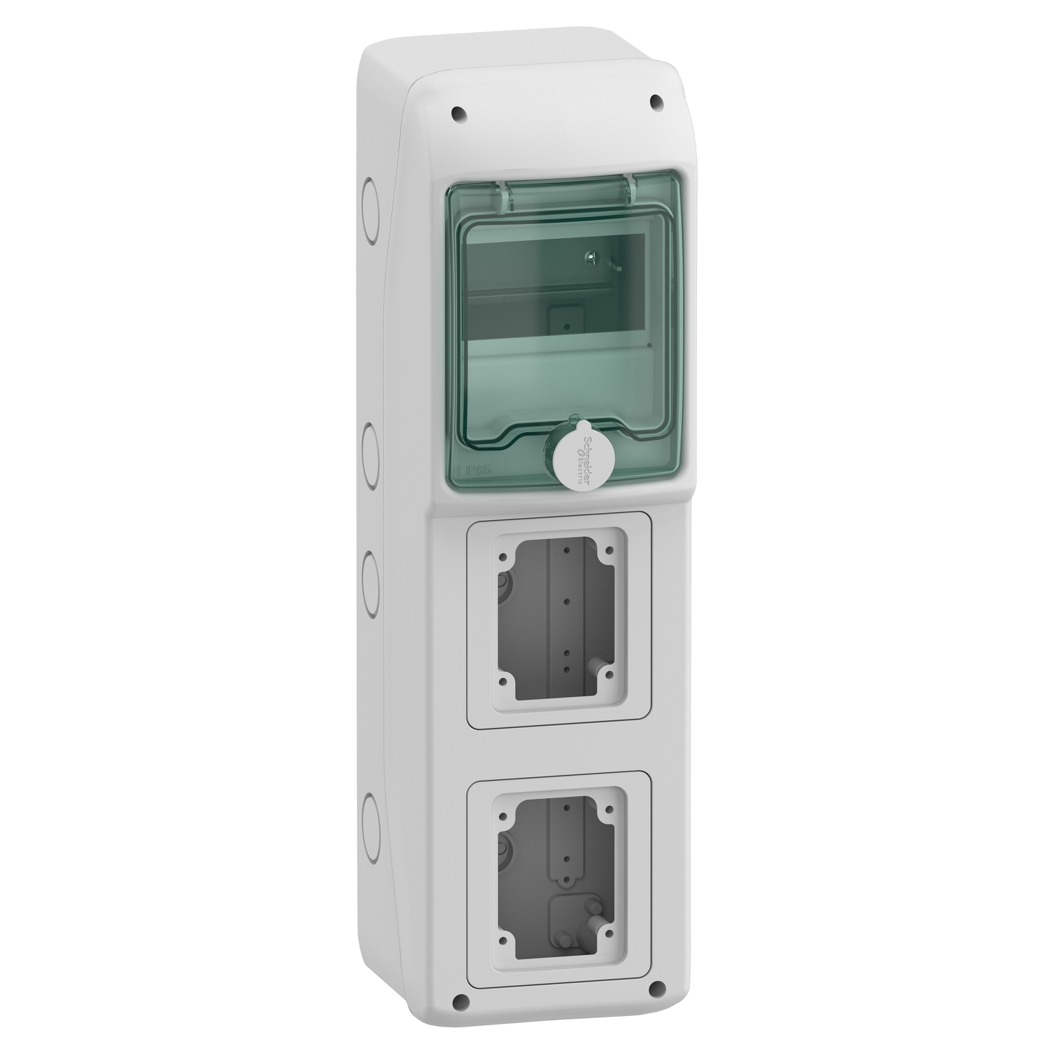 Hermetiškas modulinis paskirstymo skydelis Schneider Electric Mureva 10363 5 moduliai 1 eilė IP65 virštinkinis montavimas skaidrios durelės, pilkas