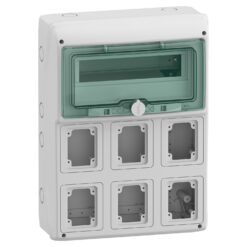 Hermetinis modulinis paskirstymo skydelis Schneider Electric Mureva 10366 1 eilė 12 modulių 6 angos IP65 virštinkinis montavimas skaidrios durelės, pilkas