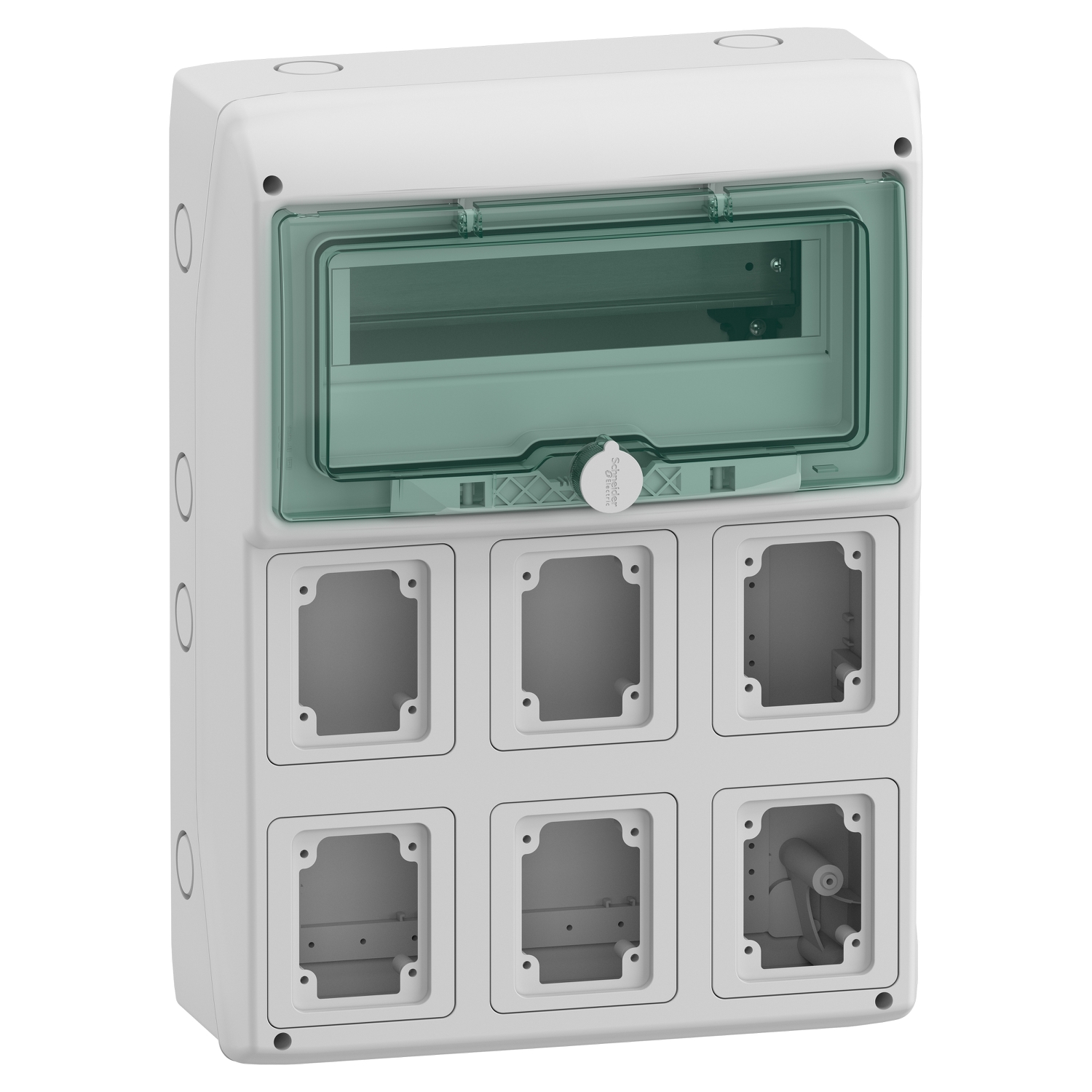 Hermetinis modulinis paskirstymo skydelis Schneider Electric Mureva 10366 1 eilė 12 modulių 6 angos IP65 virštinkinis montavimas skaidrios durelės, pilkas
