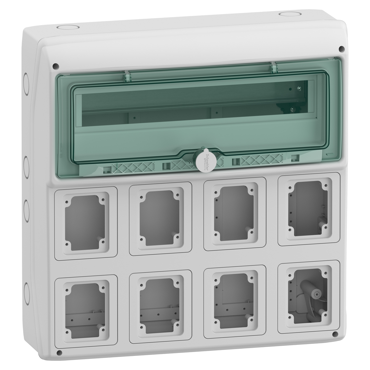 Hermetinis modulinis paskirstymo skydelis Schneider Electric Mureva 10367 virštinkinis montavimas 1 eilė 18 modulių IP65, pilkas