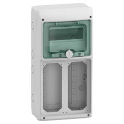 Paskirstymo skydelis Schneider Electric Mureva 10371 8 moduliai 1 eilė 2 lizdų angos IP65 virštinkinis montavimas skaidrios durelės, pilkas