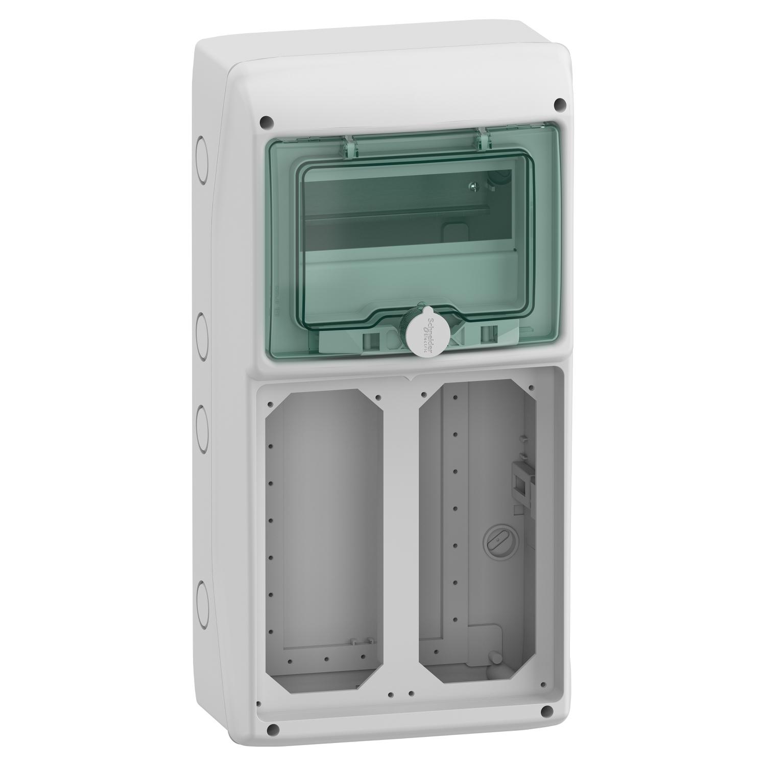 Paskirstymo skydelis Schneider Electric Mureva 10371 8 moduliai 1 eilė 2 lizdų angos IP65 virštinkinis montavimas skaidrios durelės, pilkas