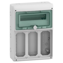 Hermetinis modulinis paskirstymo skydelis Schneider Electric Mureva 10372 IP65 1 eilė 12 modulių 3 lizdų angos virštinkinis montavimas skaidrios durelės, pilkas