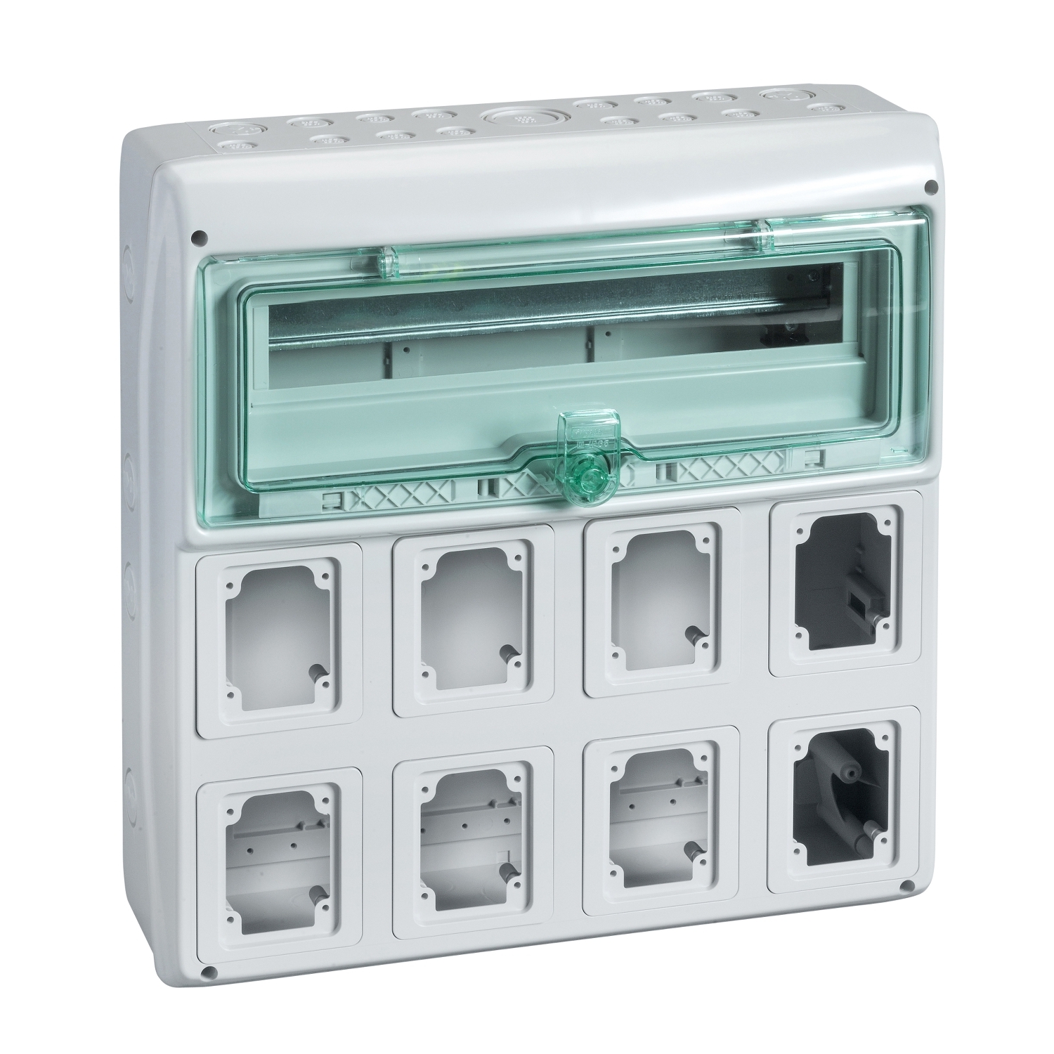 Hermetinis modulinis paskirstymo skydelis Schneider Electric Mureva Enclosure 13157 virštinkinis montavimas 1x18 modulių IP65 skaidrios durelės, pilkas