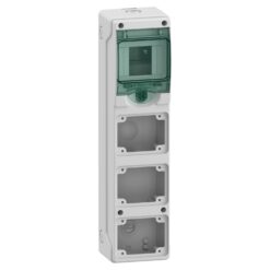 Hermetinis modulinis paskirstymo skydelis Schneider Electric Mureva 13177 virštinkinis montavimas 1 eilė 4 moduliai 3 lizdų angos IP65 skaidrios durelės, pilkas