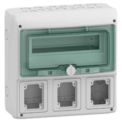 Hermetinis modulinis paskirstymo skydelis Schneider Electric Mureva 13180 virštinkinis montavimas 1 eilė 12 modulių 3 lizdų angos IP65 su skaidriomis durelėmis, pilkas