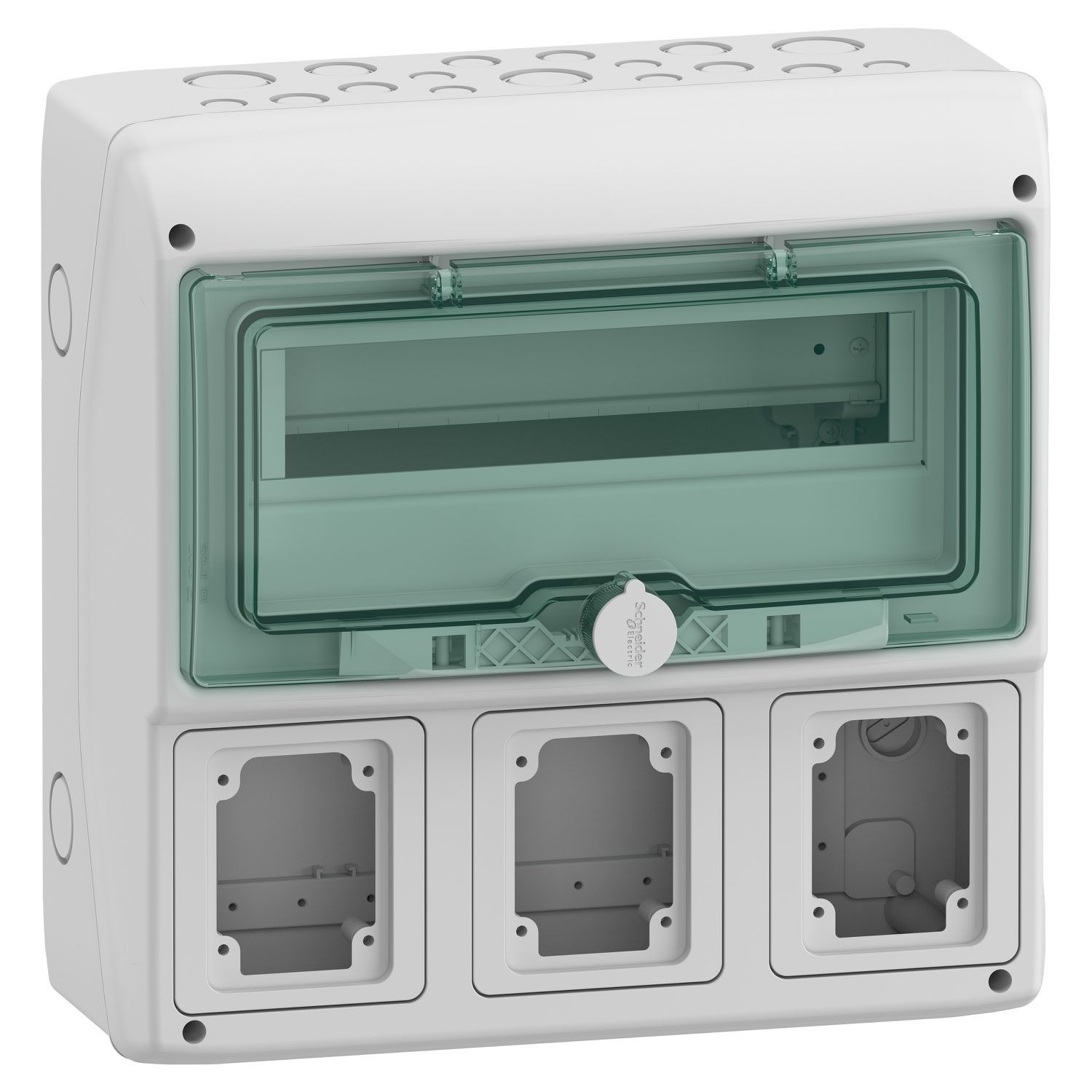 Hermetinis modulinis paskirstymo skydelis Schneider Electric Mureva 13180 virštinkinis montavimas 1 eilė 12 modulių 3 lizdų angos IP65 su skaidriomis durelėmis, pilkas