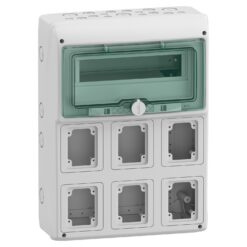 Hermetiškas modulinis paskirstymo skydelis Schneider Electric Mureva Kaedra 13181 virštinkinis montavimas 1 eilė 12 modulių 6 lizdų angos skaidrios durelės IP65 460x340x160 mm, pilkas
